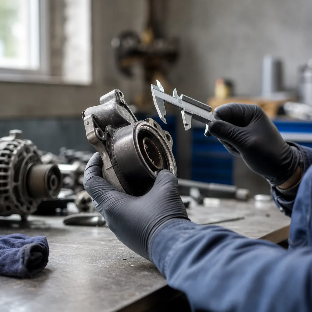 Mechaniker prüft ein gebrauchtes Autoteil auf Verschleiß, Schäden und Passform vor der Montage