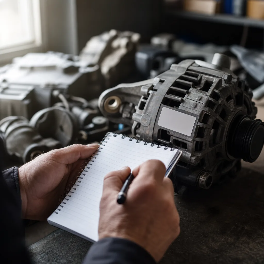 Mechaniker prüft eine OEM-Teilenummer an einem gebrauchten Fahrzeugteil vor dem Kauf